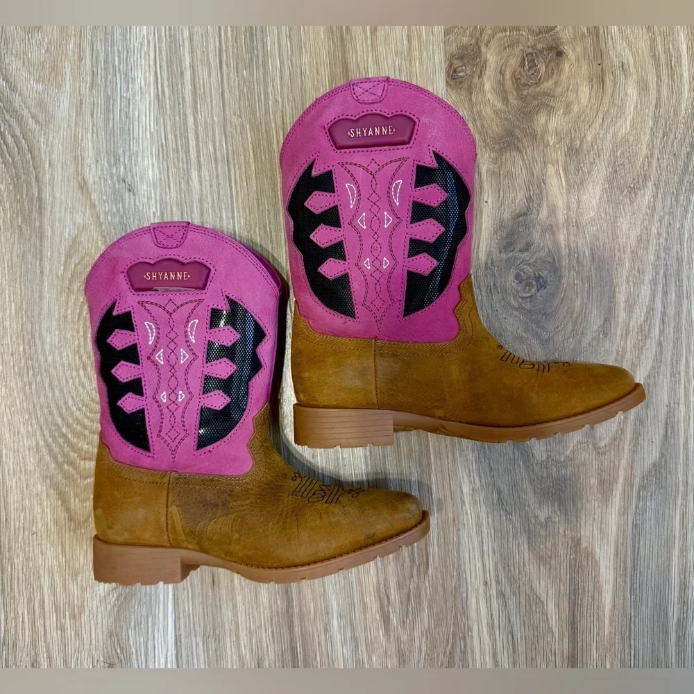 Shyanne Kids Leather Western Boots Pink Brown Size 1D Square Toe